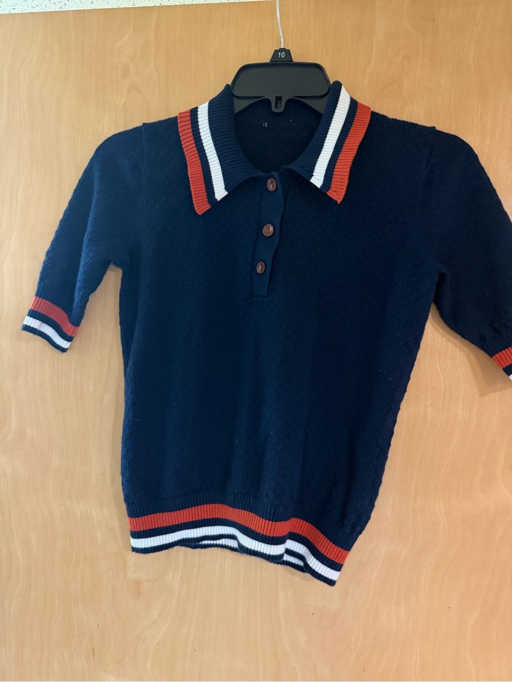 Navy Polo Sweater with Red & White Trim